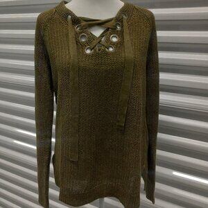 Polo Ralph Lauren Linen Lace-Up Women's Sweater Size S Olive Green Open Knit